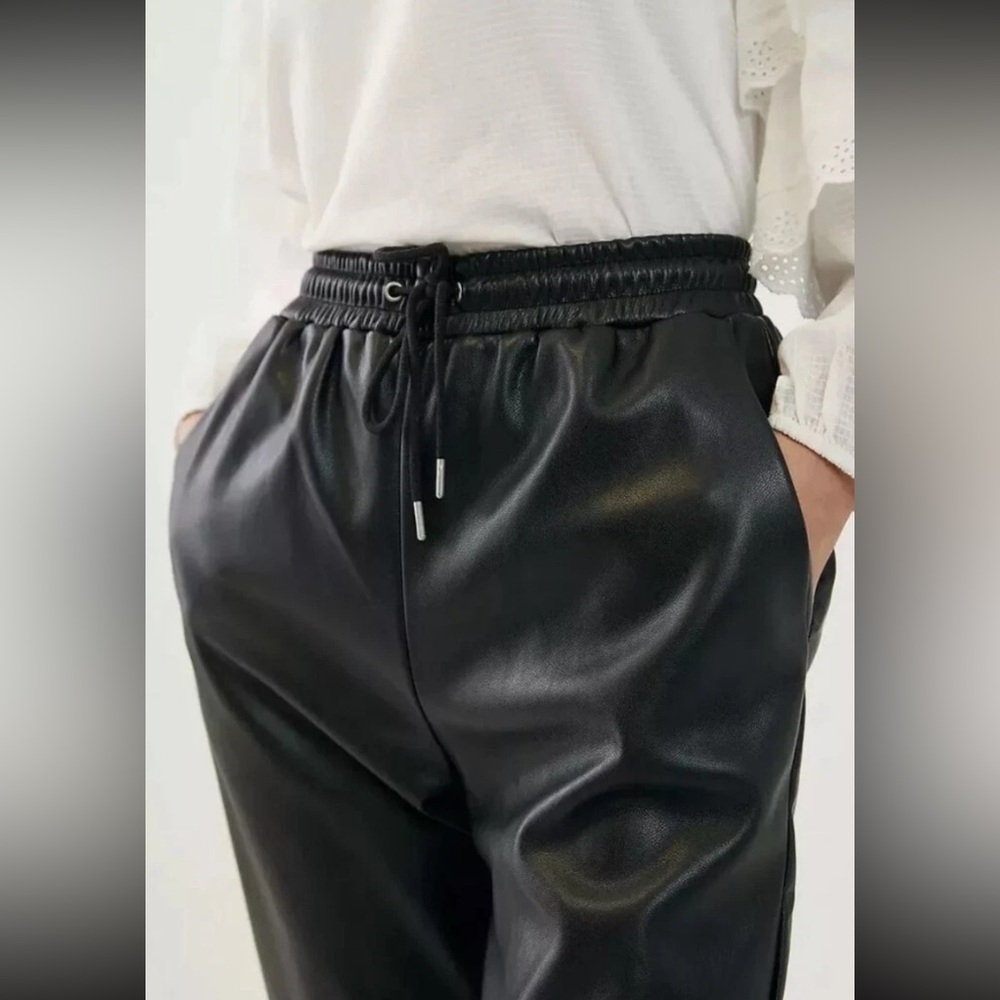 NEW Anthropologie | Avec Les Filles Black Faux Leather Drawstring Jogger Pants - Picture 4 of 15